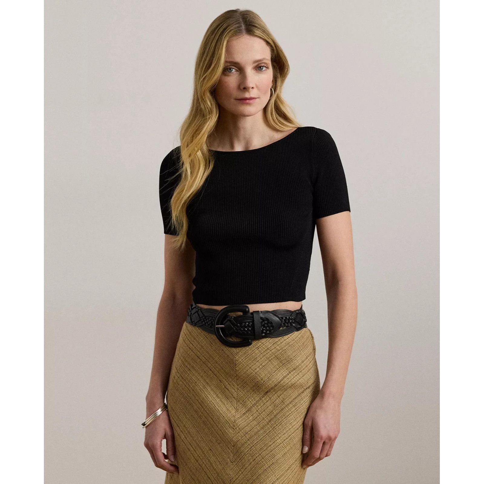 Lauren Ralph Lauren Women's Slim Cropped Short-Sleeve Sweater Top Rich Black M